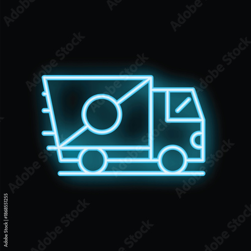 Blue neon sign of a delivery truck moving fast with motion blur effect, representing fast delivery service