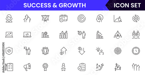 Success and growth icons illustrating achievement, progress, goals, upward trends, motivation, milestones, performance, strategy, and development.