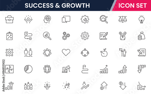 Success and growth icons illustrating achievement, progress, goals, upward trends, motivation, milestones, performance, strategy, and development.
