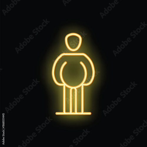 Yellow neon sign showing a person standing with a big belly on a black background