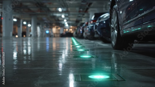 Wallpaper Mural Modern underground parking garage with green floor lights indicating available parking spaces Torontodigital.ca