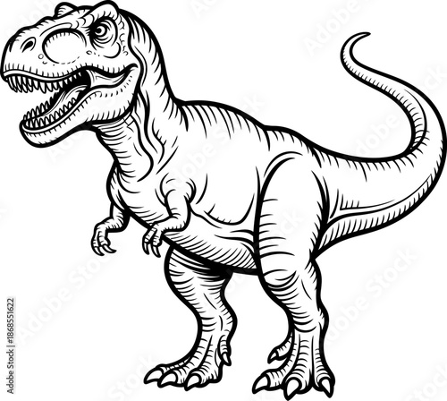 Black and white of a roaring dinosaur teeth claws prehistoric