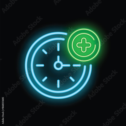 Glowing neon clock face with a plus sign representing adding more time to a deadline