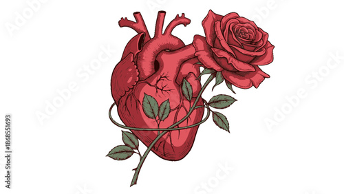 Anatomical Heart with Rose and Leaves Illustration.