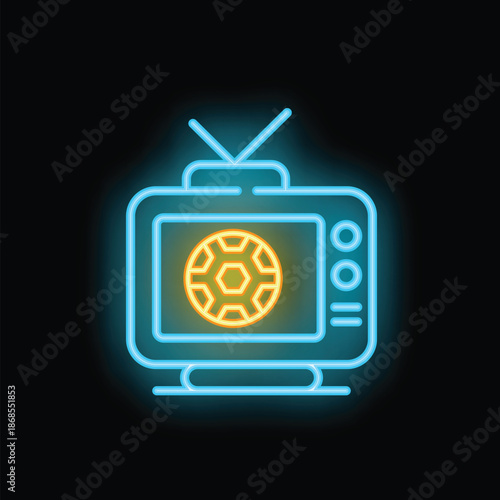 Neon glowing icon of a vintage tv showing a football match