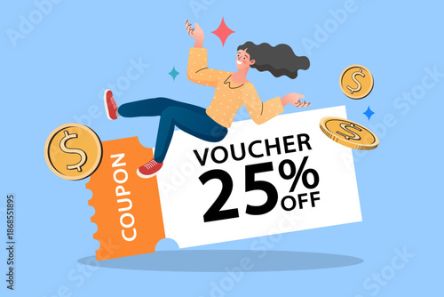 Happy woman sitting on giant discount coupon voucher with 25% off text and floating gold coins. Sale promotion, special offer deal, and money saving concept.