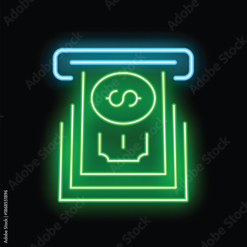 Glowing neon sign of an atm dispensing cash money on a black background