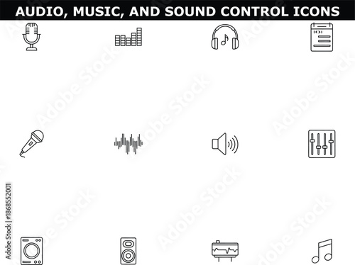 A collection of audio, music, and sound control icons on a white background