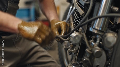 Mechanic wearing gloves working on motorcycle engine in garage