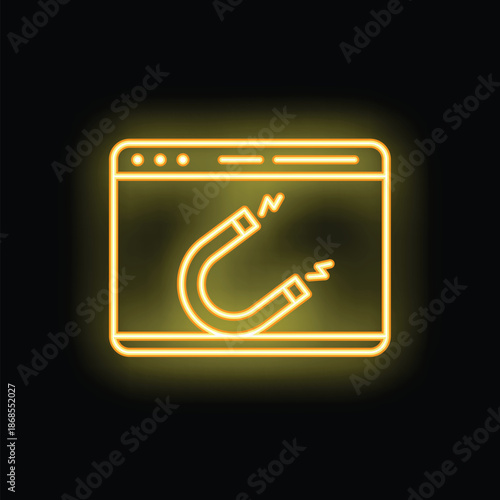 Yellow neon icon of a magnet attracting customers on a website, representing digital marketing and lead generation