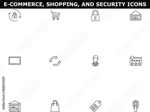 A collection of e-commerce, shopping, and security icons on a white background