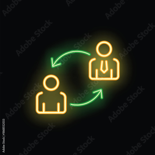 Neon glowing icon of two businessmen exchanging arrows in a cycle on a black background