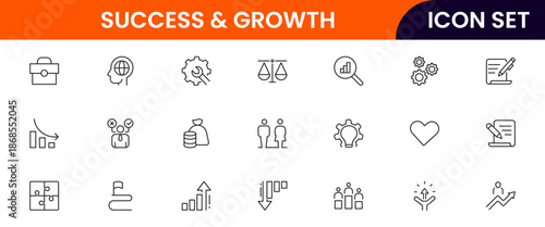 Success and growth icons illustrating achievement, progress, goals, upward trends, motivation, milestones, performance, strategy, and development.