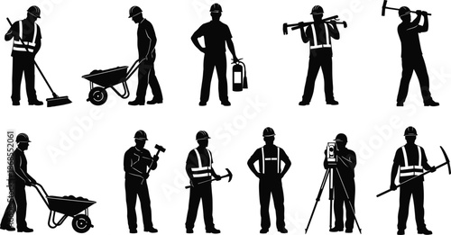 Construction workers silhouettes with safety gear performing diverse industrial tasks including hammering, surveying, sweeping, wheelbarrow pushing, teamwork and equipment handling