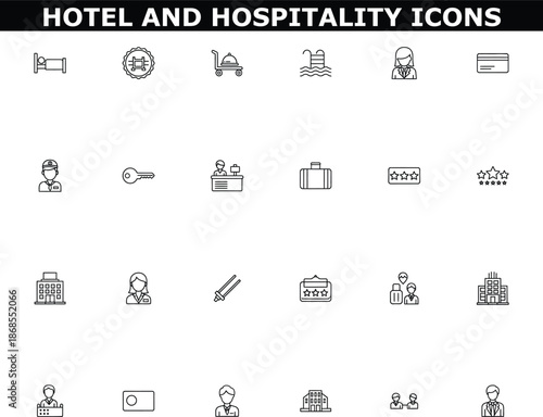 A collection of hotel and hospitality icons in black and white