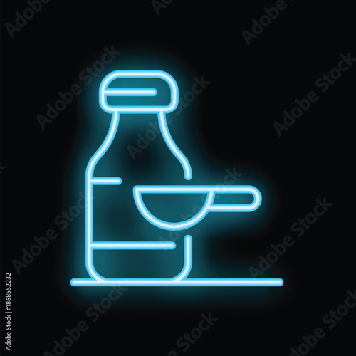 Glowing neon icon of a bottle and measuring spoon, perfect for representing protein powder or baby formula