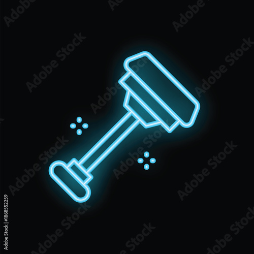 Bright blue neon icon of a cleaning brush glowing against a dark background