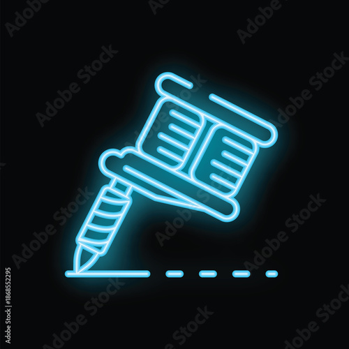 Blue neon icon of a tattoo machine drawing a dotted line on a black background