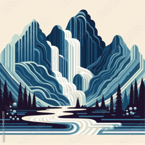 Stylized Modern Illustration of a Mountain Waterfall Landscape.