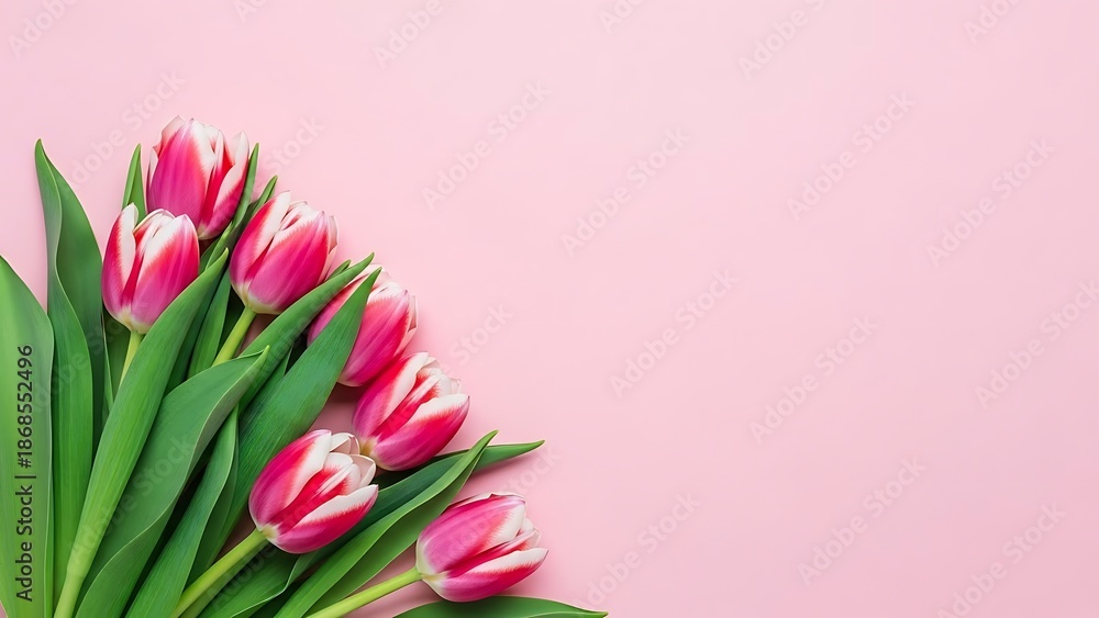 Fototapeta premium Bright pink tulips on a soft pink background