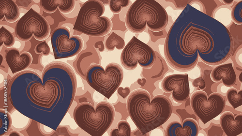 Collection of various sized hearts in shades of brown and blue.