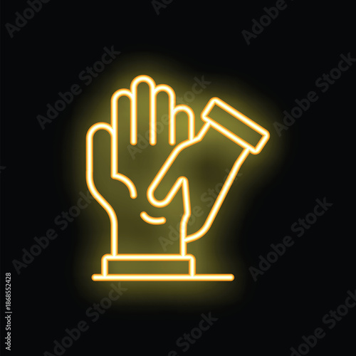Yellow neon icon of hand reading on black background, representing fortune telling concept