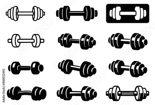 Monochromatic fitness icon set featuring various dumbbell designs for workout applications