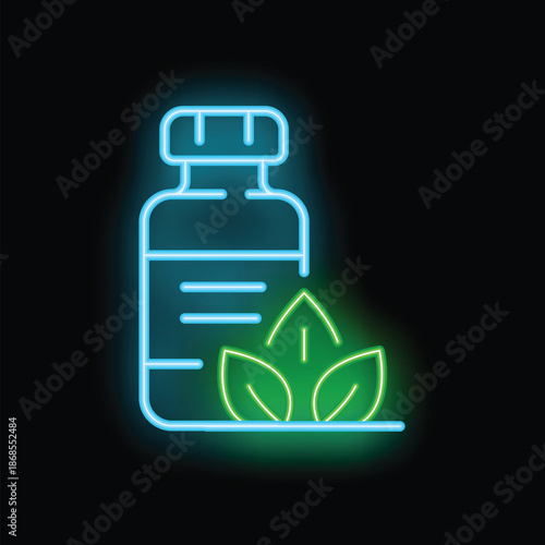 Glowing neon line medical pills bottle with leaves icon isolated on a black background vector illustration