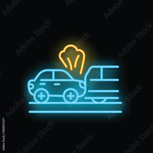 Glowing neon line icon of two cars crashing with smoke on a dark background