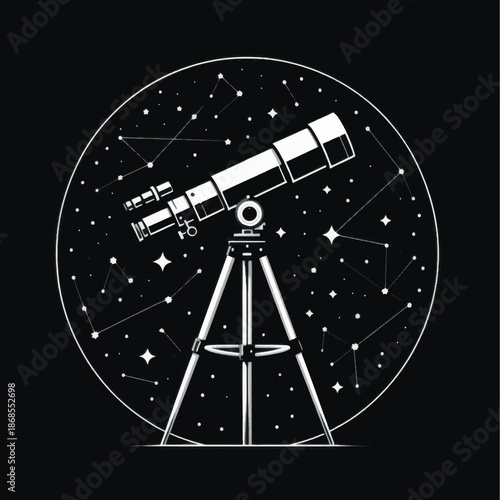 Telescope on a tripod observing the starry night sky.