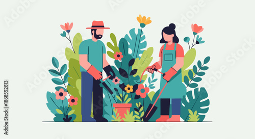 Couple gardening in a flower garden.