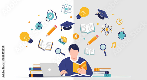 Student studying with books, laptop, and educational icons floating above.