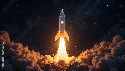 Retro Rocket Launching Into Space with Colorful Clouds and Stars