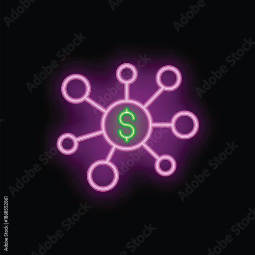 Bright neon icon of a network with a dollar sign at its center representing the concept of investment strategy