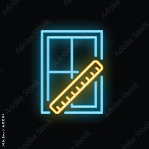Glowing neon icon representing measuring windows with a ruler, perfect for illustrating home renovation or construction concepts