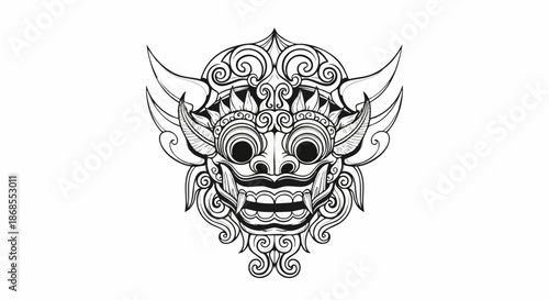 Ornate Balinese Barong mask black and white line drawing.