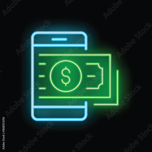 Glowing neon illustration featuring a smartphone with a banknote emerging from the screen, symbolizing mobile payment