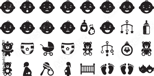 Collection of diverse black silhouette baby icons and childcare essentials on white background