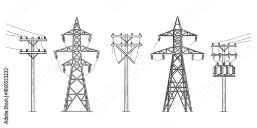 Electricity transmission towers and poles vector set