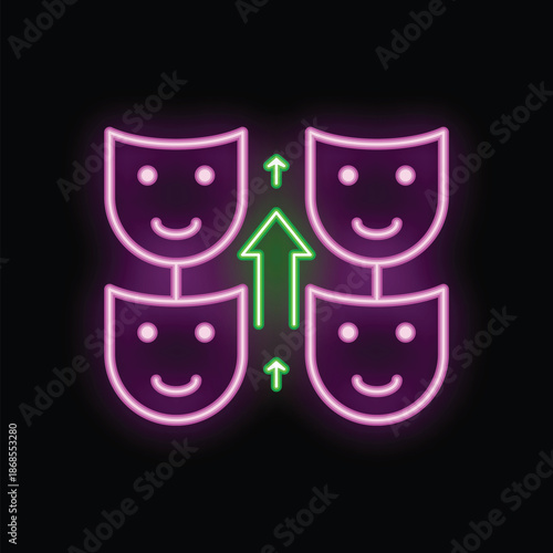 Neon icon of four smiling masks and two green up arrows representing personal growth, self improvement and psychology