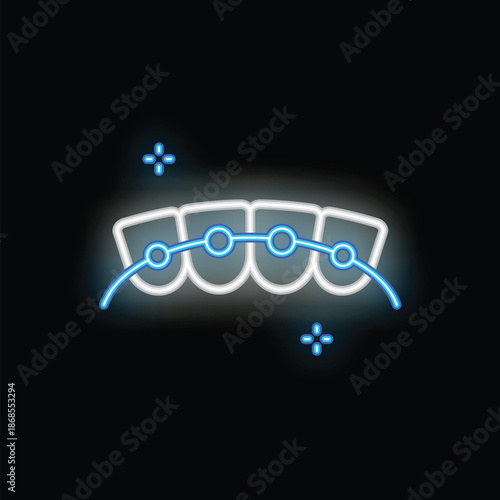 Blue neon icon of teeth with braces glowing on black background