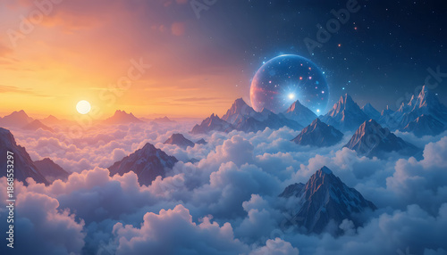 Majestic Sunrise Over Mystical Mountains in Dreamy Cloudscape