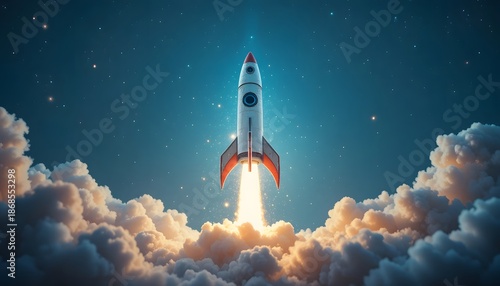 Futuristic Rocket Launching Into Space Above Colorful Clouds