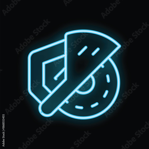 Glowing blue neon icon of angle grinder cutting disc with protection tool on black background