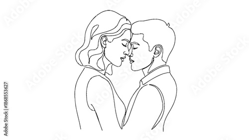 Continuous line drawing of a romantic couple embracing and kissing tenderly.