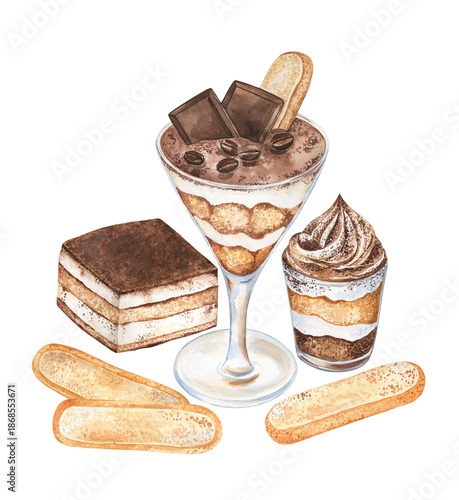 Watercolor illustration of various types of tiramisu dessert decorated with ladyfingers biscuits. Large and detailed drawing of the Italian food for art prints, menu, cards, cafe, cookbooks