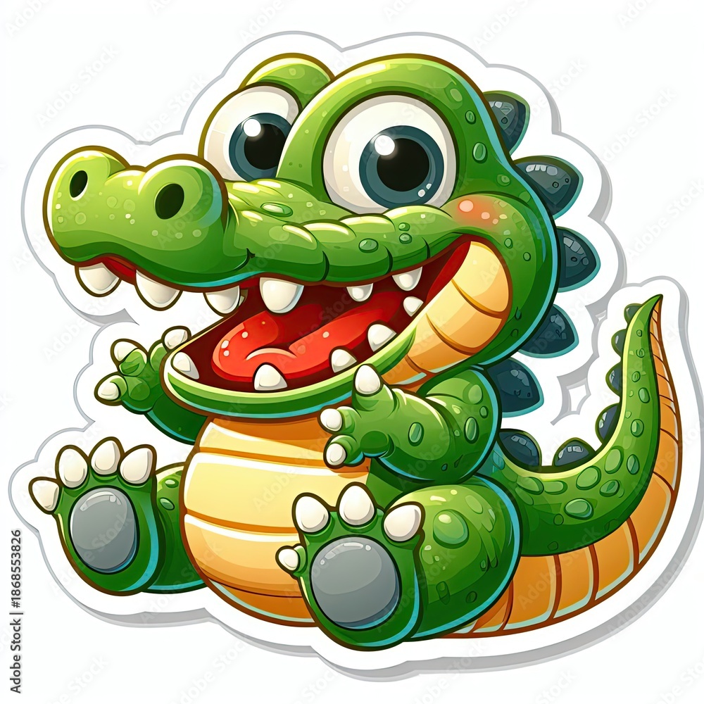 Obraz premium Cute baby alligator or crocodile character sitting with open mouth showing teeth in playful green and yellow sticker design