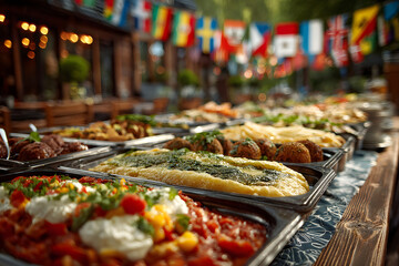 Stunning photo of delicious food from around the world served buffet style on a table outdoors with international flags hanging in the background.