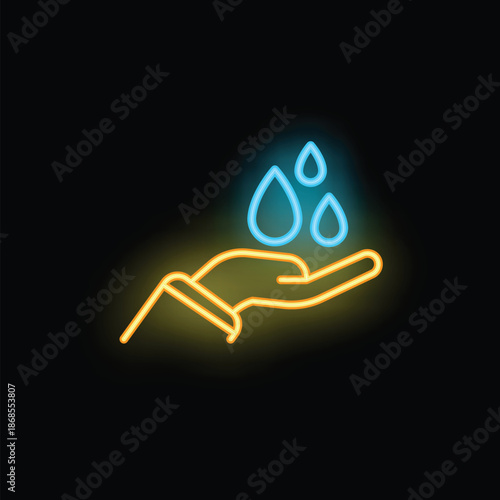Neon sign depicting a hand catching falling water drops, symbolizing the importance of water conservation