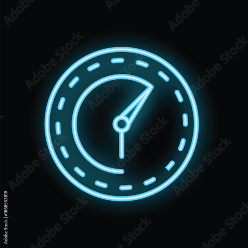 Blue neon sign showing a speedometer with needle pointing towards the right on black background